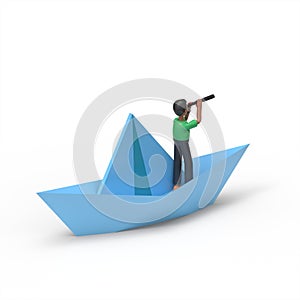 3D illustration ofn businessman with a telescope sails on a paper boat, an isometric image.
