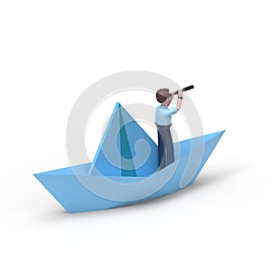 3D illustration ofn businessman with a telescope sails on a paper boat, an isometric image.