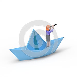 3D illustration ofn businessman with a telescope sails on a paper boat, an isometric image.