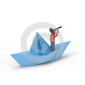 3D illustration ofn businessman with a telescope sails on a paper boat, an isometric image.