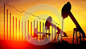 3d illustration of oil pump jacks on sunset sky background with financial analytics. Concept of falling oil prices