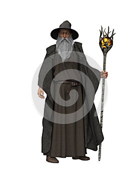 3D illustration of an old bearded wizard wearing grey robes and hat isolated on white