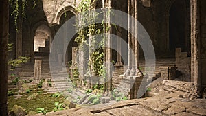 3D illustration of an old medieval fantasy gothic temple ruin built in a mountain cave