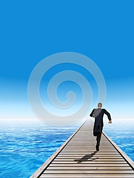 3D illustration of old wood deck pier on coast of exotic blue sea or ocean waves with a businessman running, sky