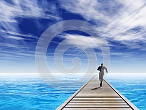 3D illustration of old wood deck pier on coast of exotic blue sea or ocean waves with a businessman running, sky