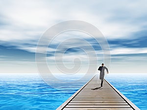 3D illustration of old wood deck pier on coast of exotic blue sea or ocean waves with a businessman running, sky