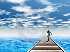 3D illustration of old wood deck pier on coast of exotic blue sea or ocean waves with a businessman running, sky