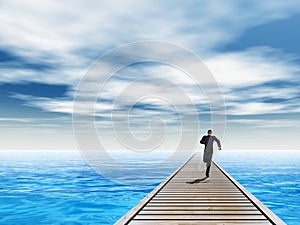 3D illustration of old wood deck pier on coast of exotic blue sea or ocean waves with a businessman running, sky