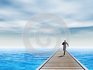 3D illustration of old wood deck pier on coast of exotic blue sea or ocean waves with a businessman running, sky