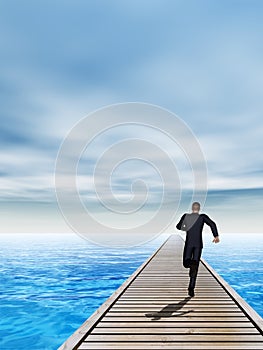 3D illustration of old wood deck pier on coast of exotic blue sea or ocean waves with a businessman running, sky