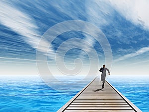 3D illustration of old wood deck pier on coast of exotic blue sea or ocean waves with a businessman running, sky