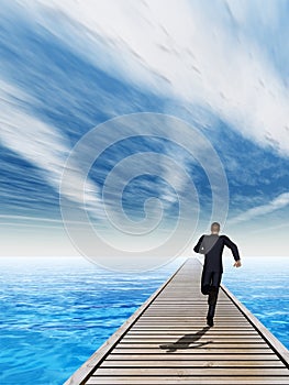 3D illustration of old wood deck pier on coast of exotic blue sea or ocean waves with a businessman running, sky