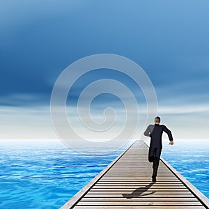 3D illustration of old wood deck pier on coast of exotic blue sea or ocean waves with a businessman running, sky