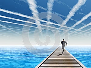 3D illustration of old wood deck pier on coast of exotic blue sea or ocean waves with a businessman running, sky