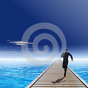 3D illustration of old wood deck pier on coast of exotic blue sea or ocean waves with a businessman running, sky