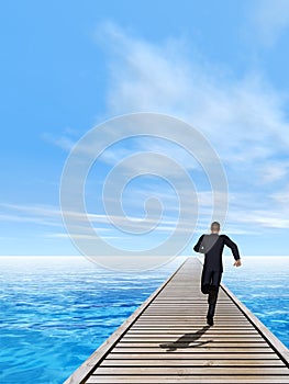 3D illustration of old wood deck pier on coast of exotic blue sea or ocean waves with a businessman running, sky