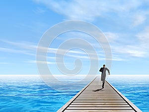 3D illustration of old wood deck pier on coast of exotic blue sea or ocean waves with a businessman running, sky