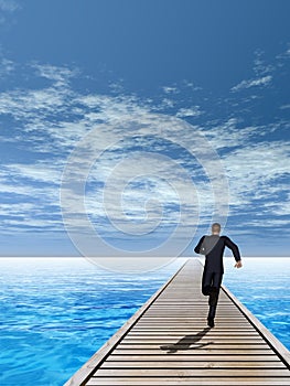 3D illustration of old wood deck pier on coast of exotic blue sea or ocean waves with a businessman running, sky