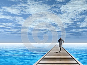 3D illustration of old wood deck pier on coast of exotic blue sea or ocean waves with a businessman running, sky