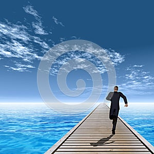 3D illustration of old wood deck pier on coast of exotic blue sea or ocean waves with a businessman running, sky