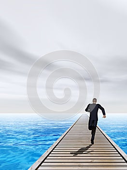 3D illustration of old wood deck pier on coast of exotic blue sea or ocean waves with a businessman running, sky