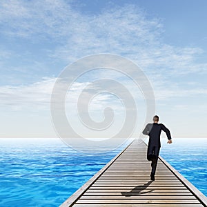 3D illustration of old wood deck pier on coast of exotic blue sea or ocean waves with a businessman running, sky