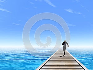 3D illustration of old wood deck pier on coast of exotic blue sea or ocean waves with a businessman running, sky