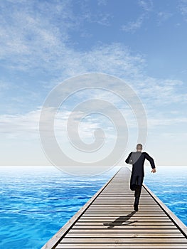 3D illustration of old wood deck pier on coast of exotic blue sea or ocean waves with a businessman running, sky