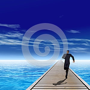 3D illustration of old wood deck pier on coast of exotic blue sea or ocean waves with a businessman running, sky