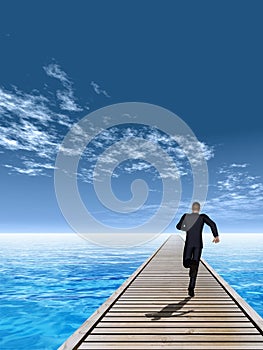 3D illustration of old wood deck pier on coast of exotic blue sea or ocean waves with a businessman running, sky