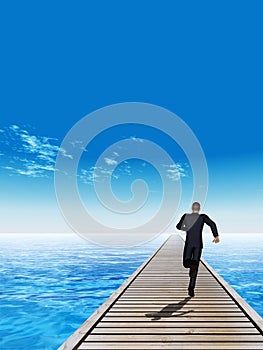 3D illustration of old wood deck pier on coast of exotic blue sea or ocean waves with a businessman running, sky