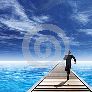 3D illustration of old wood deck pier on coast of exotic blue sea or ocean waves with a businessman running, sky