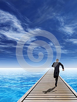 3D illustration of old wood deck pier on coast of exotic blue sea or ocean waves with a businessman running, sky