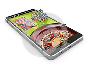 3d illustration of online Internet casino app, roulette with chips on the phone, isolated white