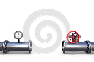 3D illustration: open steel gas pipe with red valve and pressure gauge not connected in one piece. Unfinished pipeline. Political
