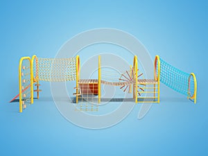 3D illustration of orange childrens playground for mobile games with slide and net in cylinder on blue background with shadow