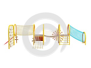 3D illustration of orange childrens playground for mobile games with slide and net in cylinder on white background no shadow