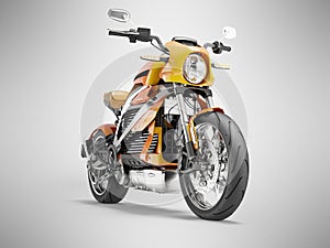 3d illustration of orange electric motorcycle sport for city driving front view on gray background with shadow