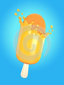 3D illustration of orange ice cream bar with orange juice splash, work path or clipping path included