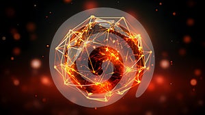 3d illustration of an orange neon icosahedron with a fiery neon core surrounded by a network