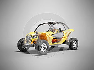 3D illustration of an orange rally car on gray background with shadow