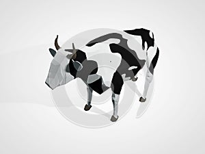 3D illustration of origami cow. Polygonal geometric style cow standing full-length Holstein black and white cow