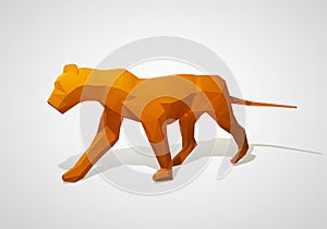 3D illustration of origami lion. Polygonal lion. Walking geometric style lion.