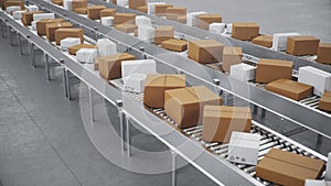 3D illustration Packages delivery, packaging service and parcels transportation system concept, cardboard boxes on a