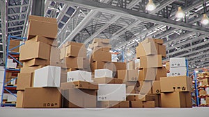 3D Illustration packages delivery, parcels transportation system concept, heap of cardboard boxes in middle of the