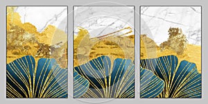 3d illustration paint wall poster canvas decoration. turquoise ginkgo leaves on golden marble shapes.