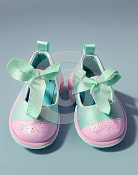 3D illustration of a pair of children\'s shoes. Colorful with a design that fits the posture of children\'s feet.