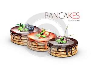 3d Illustration of Pancakes with Syrups, isolated white