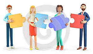 3D illustration of people connecting together puzzle elements. Business teamwork and collaboration, partnership, cooperation