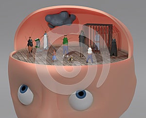 3d illustration of person with other faces like cockroach inside for inner voices and multiply personalities concept